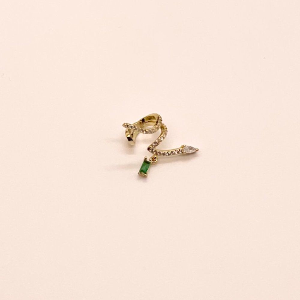 Serpent Snake CZ Ear Climber Cuff with Delicate Emerald Crystal Dangle Detail